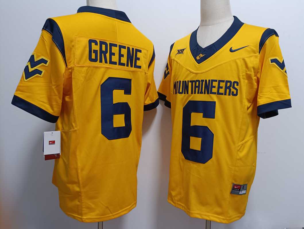 Mens West Virginia Mountaineers #6 Garrett Greene Yellow FUSE College Stitched Jersey